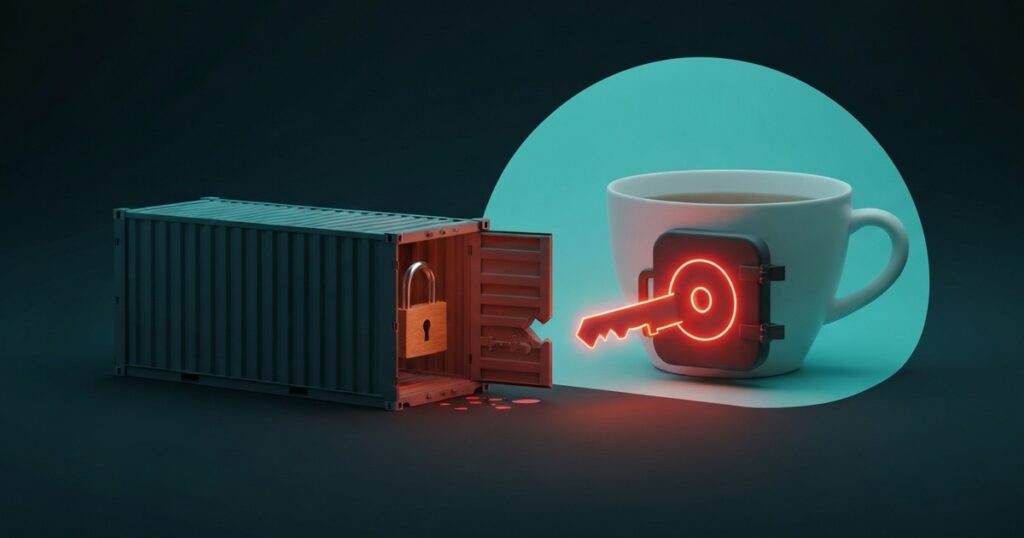 Contenedor Docker con un candado abierto dejando pasar una cabecera de autenticación falsa hacia un repositorio de código