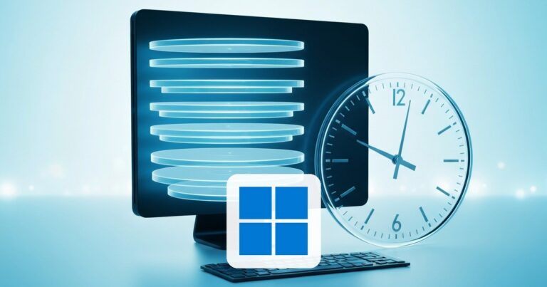 Reloj retrocediendo sobre una computadora con capas de disco que representan snapshots del sistema en Windows 11