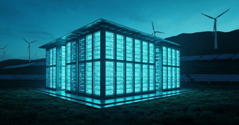 Render de un data center moderno con racks de servidores iluminados en un paisaje patagónico de energía renovable