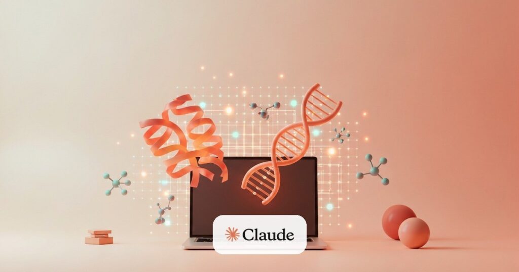 Estructura 3D de proteína y doble hélice de ADN flotando sobre un workbench de laptop en tonos cálidos — Claude Science
