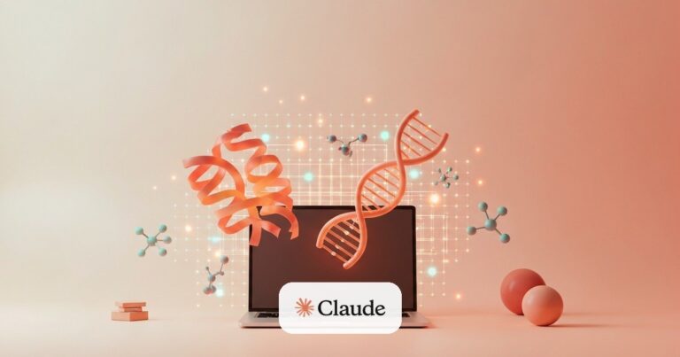 Estructura 3D de proteína y doble hélice de ADN flotando sobre un workbench de laptop en tonos cálidos — Claude Science