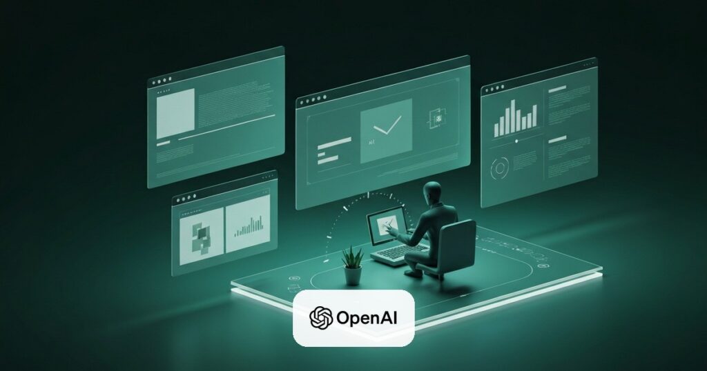 Render editorial de un agente de IA autónomo trabajando sobre múltiples tareas en paralelo durante horas, en paleta verde-teal
