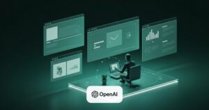 Render editorial de un agente de IA autónomo trabajando sobre múltiples tareas en paralelo durante horas, en paleta verde-teal