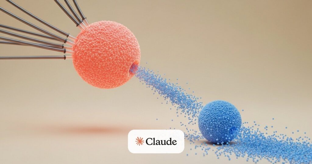 Orbe de conocimiento coral siendo drenado por tubos hacia una copia azul más chica con miles de nodos duplicados — ataque de distillation contra Claude
