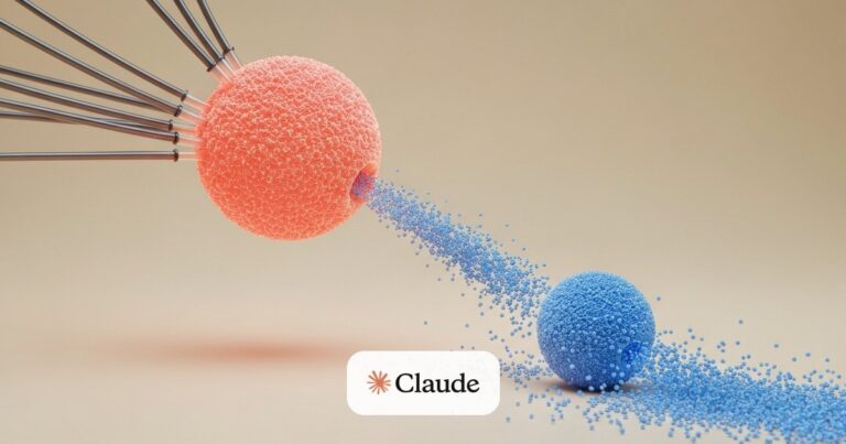 Orbe de conocimiento coral siendo drenado por tubos hacia una copia azul más chica con miles de nodos duplicados — ataque de distillation contra Claude