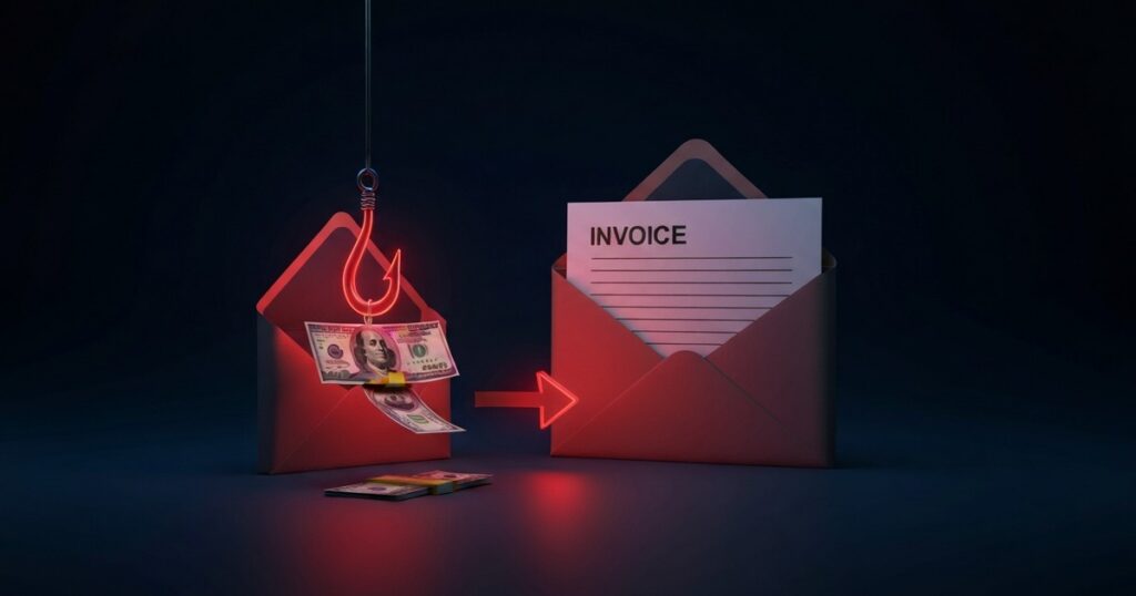 Sobre de email con forma de factura y un anzuelo rojo desviando una transferencia bancaria hacia una cuenta oculta — troyano bancario Mekotio