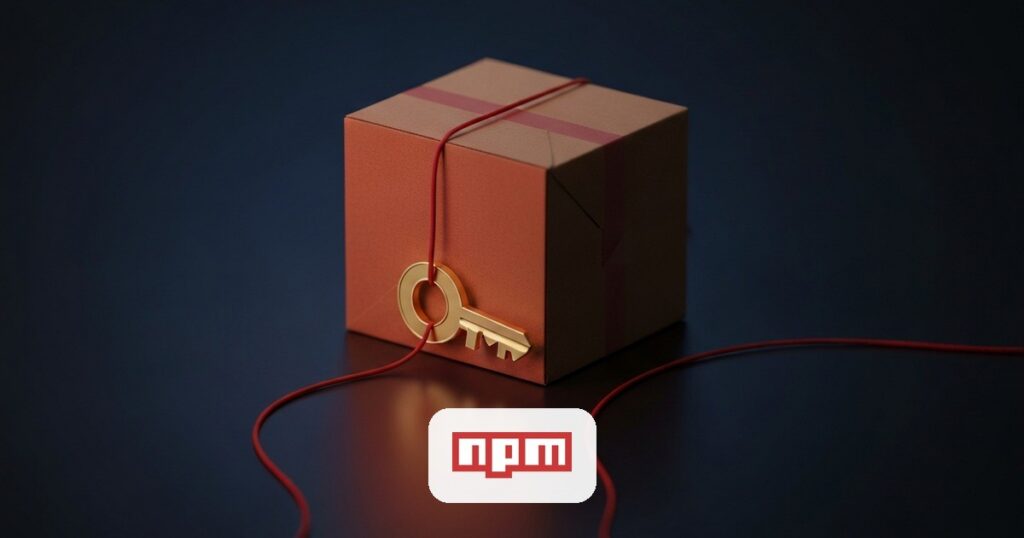 Render editorial de un paquete de código infiltrado por un gancho rojo que extrae una llave dorada, representando un ataque a la cadena de suministro de software
