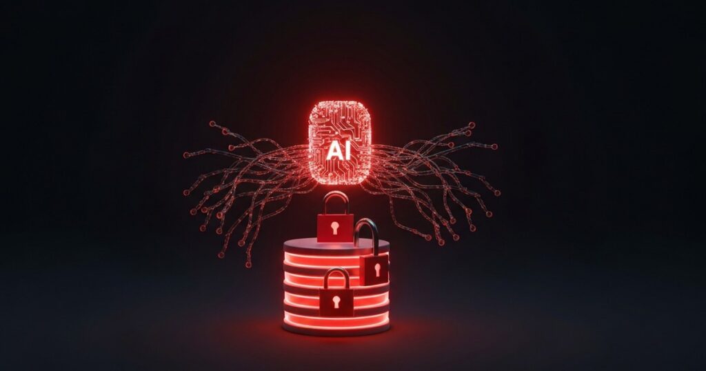 Núcleo de IA autónomo de circuitos cerrando candados sobre cilindros de base de datos con brillo rojo — primer ransomware agéntico JADEPUFFER