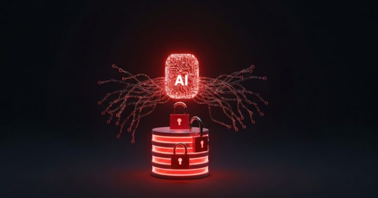 Núcleo de IA autónomo de circuitos cerrando candados sobre cilindros de base de datos con brillo rojo — primer ransomware agéntico JADEPUFFER