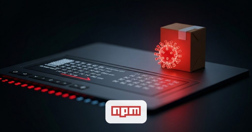 Terminal ejecutando una instalación de paquete npm con un binario malicioso oculto descargándose en segundo plano
