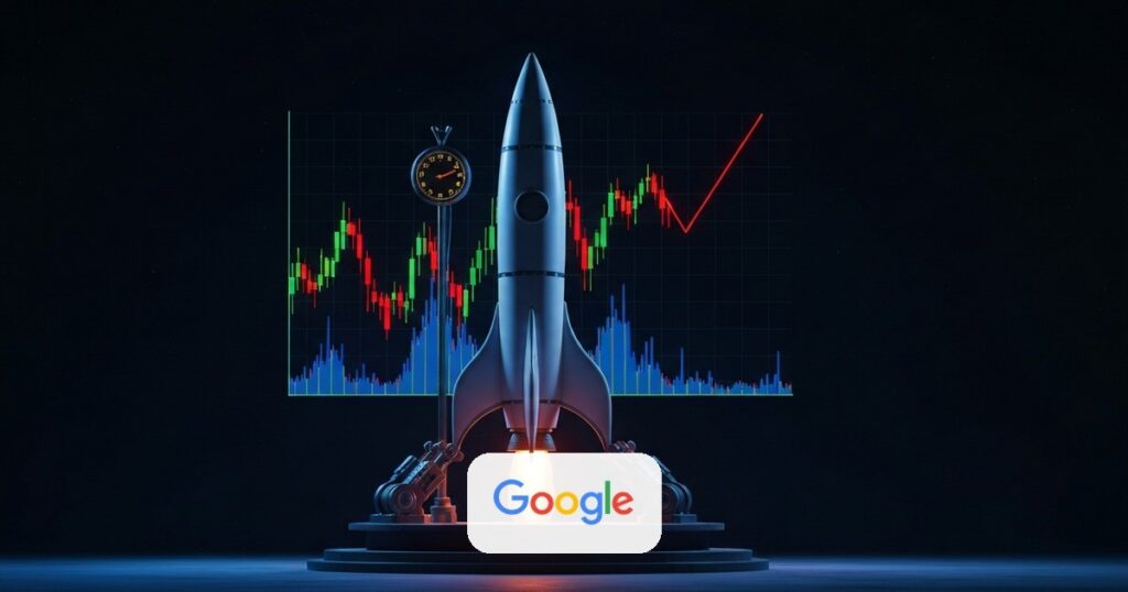 Cohete detenido en una plataforma de lanzamiento con los colores de Google y un gráfico bursátil en caída proyectado detrás