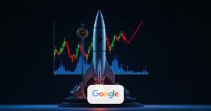 Cohete detenido en una plataforma de lanzamiento con los colores de Google y un gráfico bursátil en caída proyectado detrás