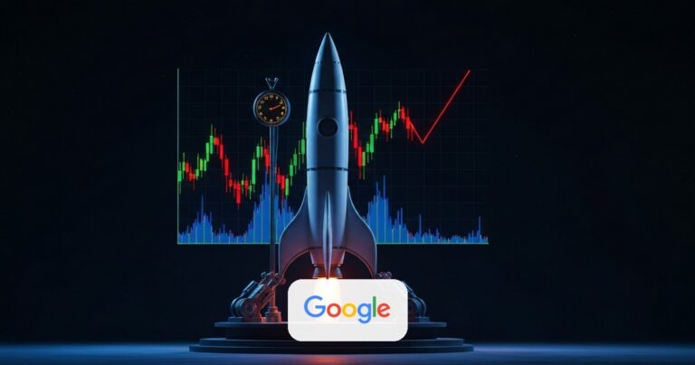 Cohete detenido en una plataforma de lanzamiento con los colores de Google y un gráfico bursátil en caída proyectado detrás