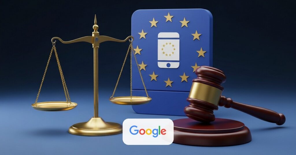 Ilustración editorial de una balanza de justicia abstracta junto a un ícono de navegador y teléfono, en tonos azules de la Unión Europea con acentos dorados