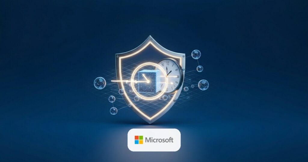 Escudo metálico protegiendo un núcleo de datos con una retícula cuántica y un reloj — aceleración de la criptografía post-cuántica