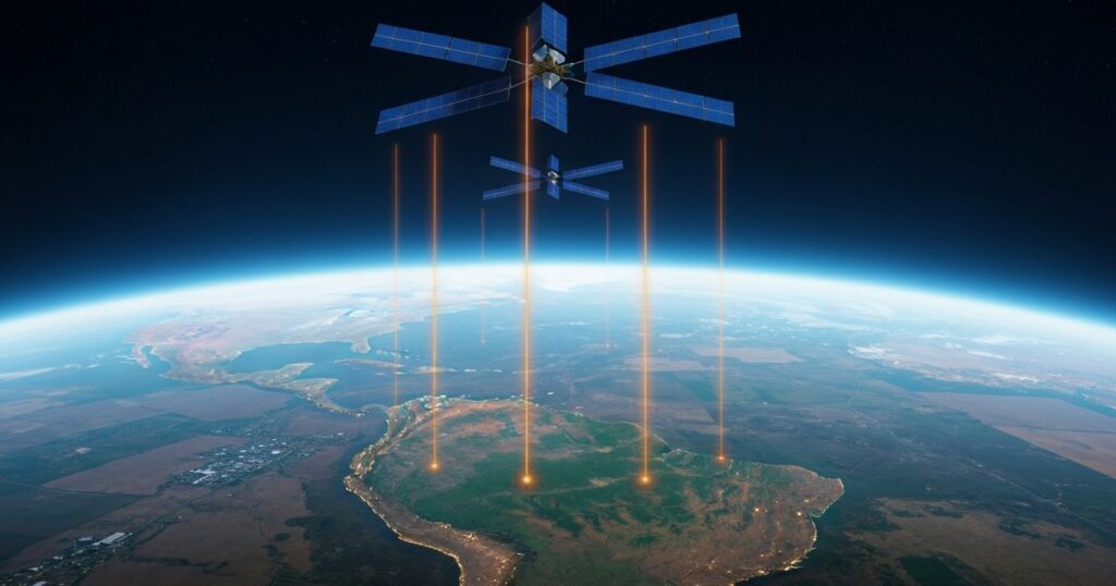 Constelación de satélites orbitando la Tierra con haces de señal descendiendo hacia una región de geografía sudamericana