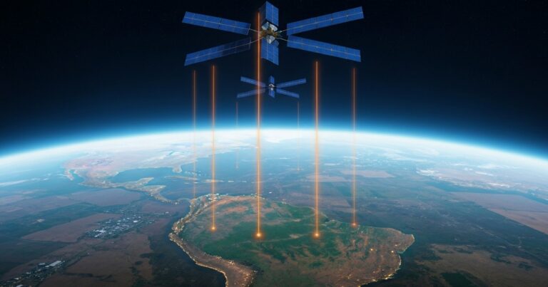 Constelación de satélites orbitando la Tierra con haces de señal descendiendo hacia una región de geografía sudamericana