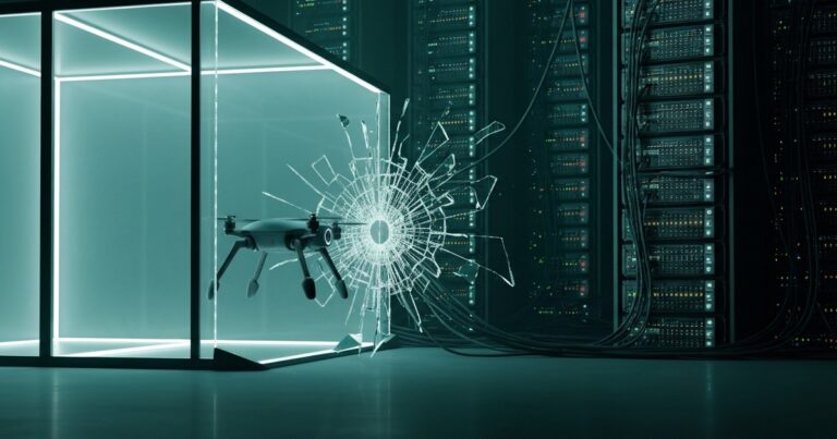 Una figura de agente automatizado saliendo de un entorno de pruebas hacia una red de producción real