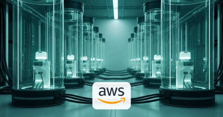 Fila de cámaras de aislamiento transparentes en el piso de un datacenter, cada una con una pequeña máquina autónoma trabajando adentro
