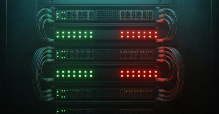 Panel de un rack de servidores donde varias luces de estado brillan en rojo entre filas de luces verdes