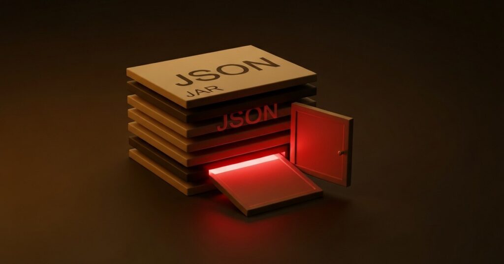 Un objeto JSON abriéndose como una puerta trampa dentro de un archivo JAR empaquetado