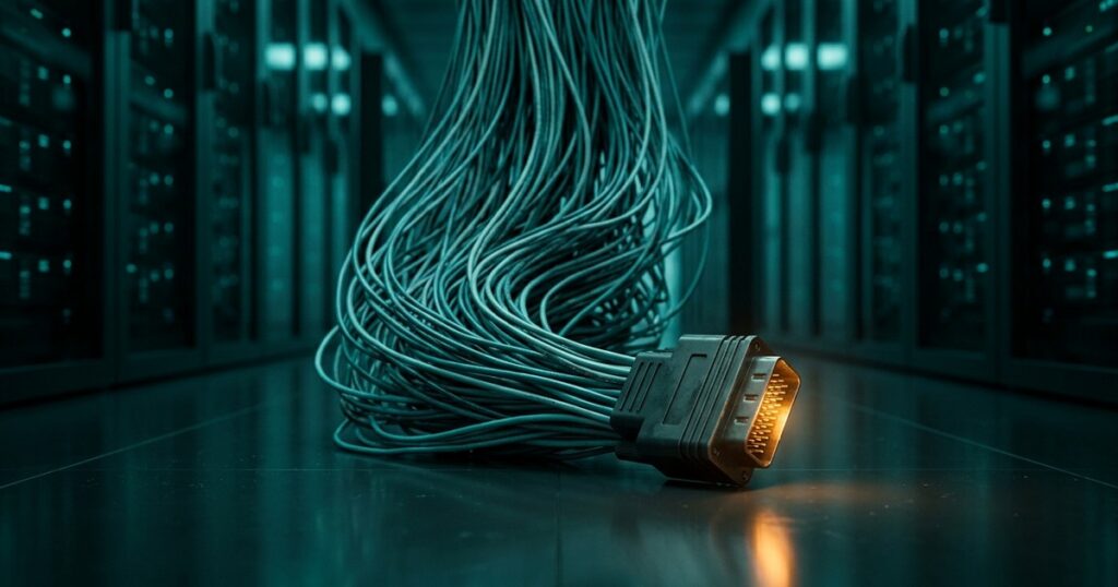 Haz de cables de red convergiendo en un único conector desconectado sobre el piso oscuro de un datacenter, iluminado en verde azulado