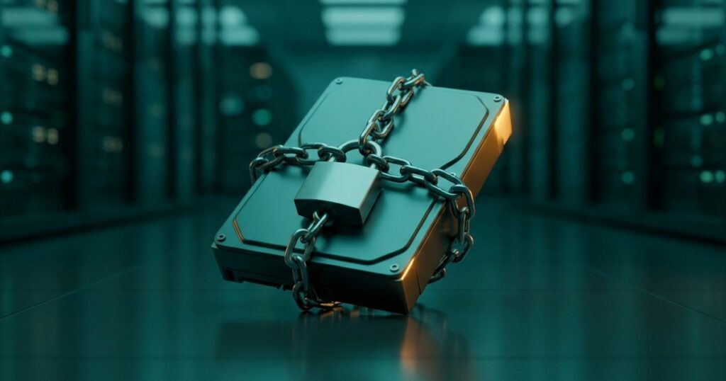 Disco rígido envuelto en cadenas con un candado, iluminado en verde azulado sobre fondo oscuro de datacenter