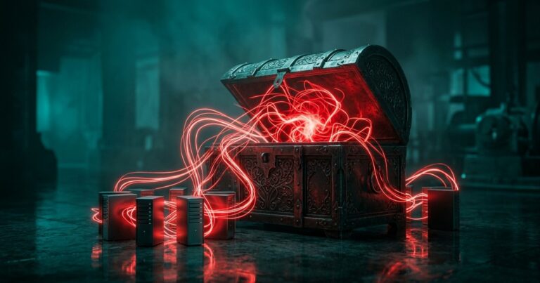 Cofre metálico oscuro abierto del que escapan filamentos rojos brillantes que se enroscan alrededor de torres de servidores
