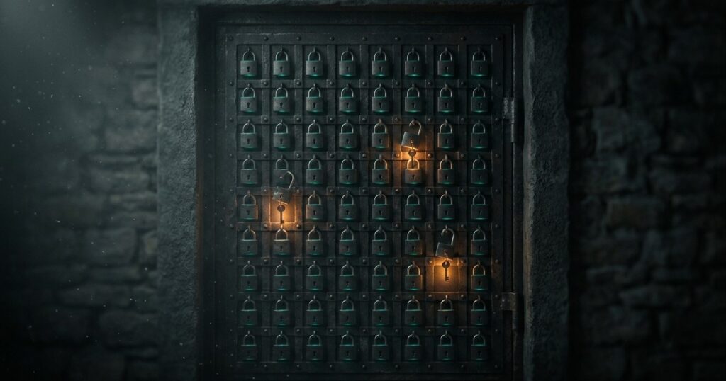 Puerta metálica en tono verde azulado cubierta de candados, con tres abiertos y sus llaves colgando al lado