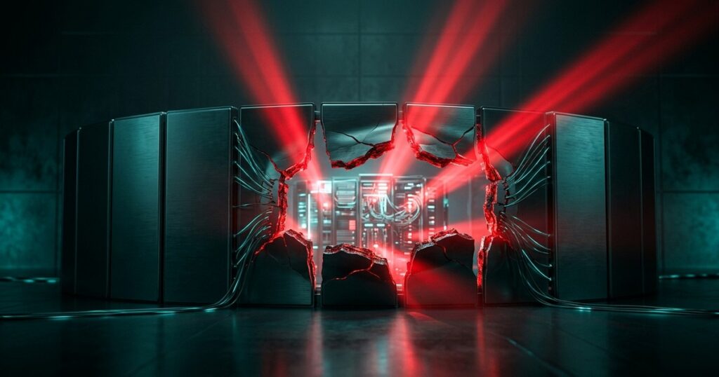 Muro perimetral de seguridad estilizado con cinco brechas iluminadas en rojo por las que pasan haces de luz, en paleta verde azulada oscura