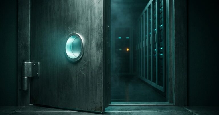 Puerta blindada de sala de servidores entreabierta con la cerradura arrancada y el hueco vacío iluminado en verde azulado