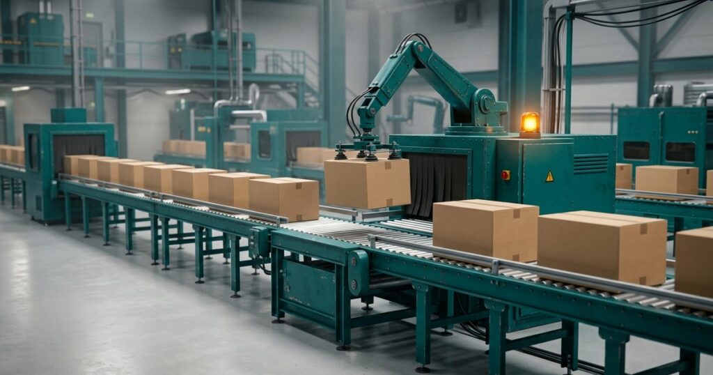 Cinta transportadora industrial con cajas selladas idénticas donde una es desviada por un brazo mecánico hacia un ramal lateral