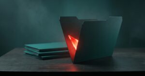 Detalle de un formulario web físico sobre una superficie oscura con una carpeta de archivos entreabierta de la que sale una luz roja de alerta